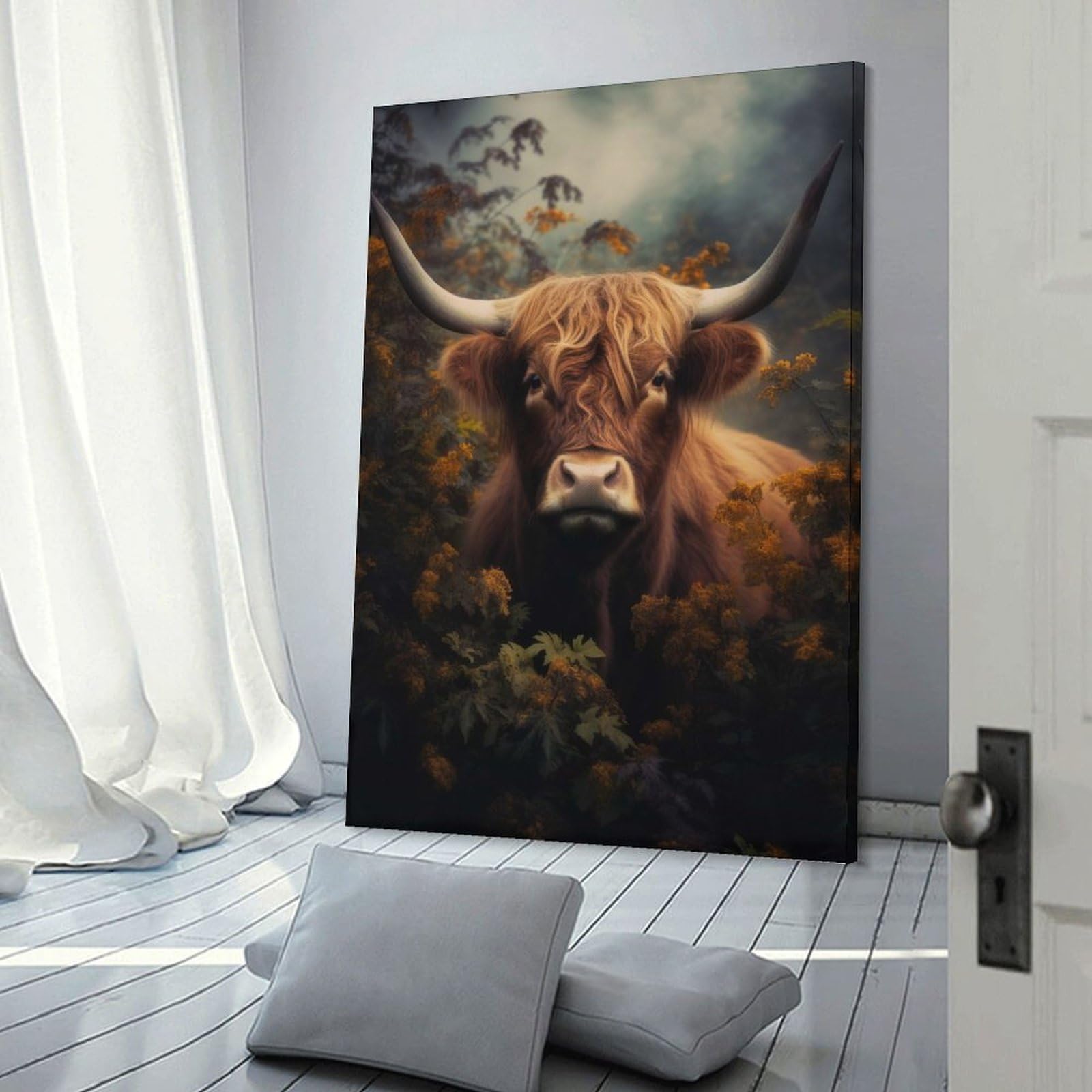Junmoney Frame-Style-1-1-1 Highland Cow In Foliage Canvas Art Print 16X24inch(40X60cm), For Apartment Walls, Studios Or Work Areas, An Easy Choice For New Home Styling