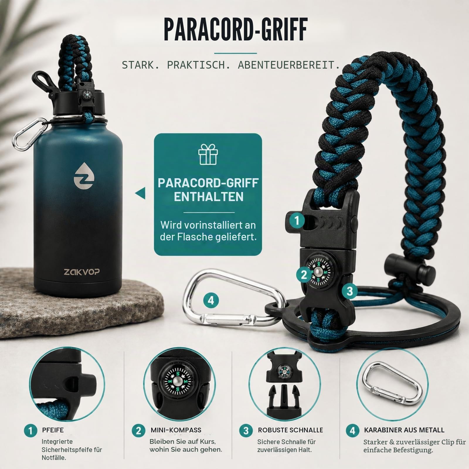 Thermosflasche, 2L Trinkflasche Edelstahl mit Strohhalmen und 3 Deckeln, Trinkflasche Thermo mit Paracord Griff, Thermoskanne 2 Liter mit Flaschenbürsten für Fitnessstudio (Blau+Schwarz)