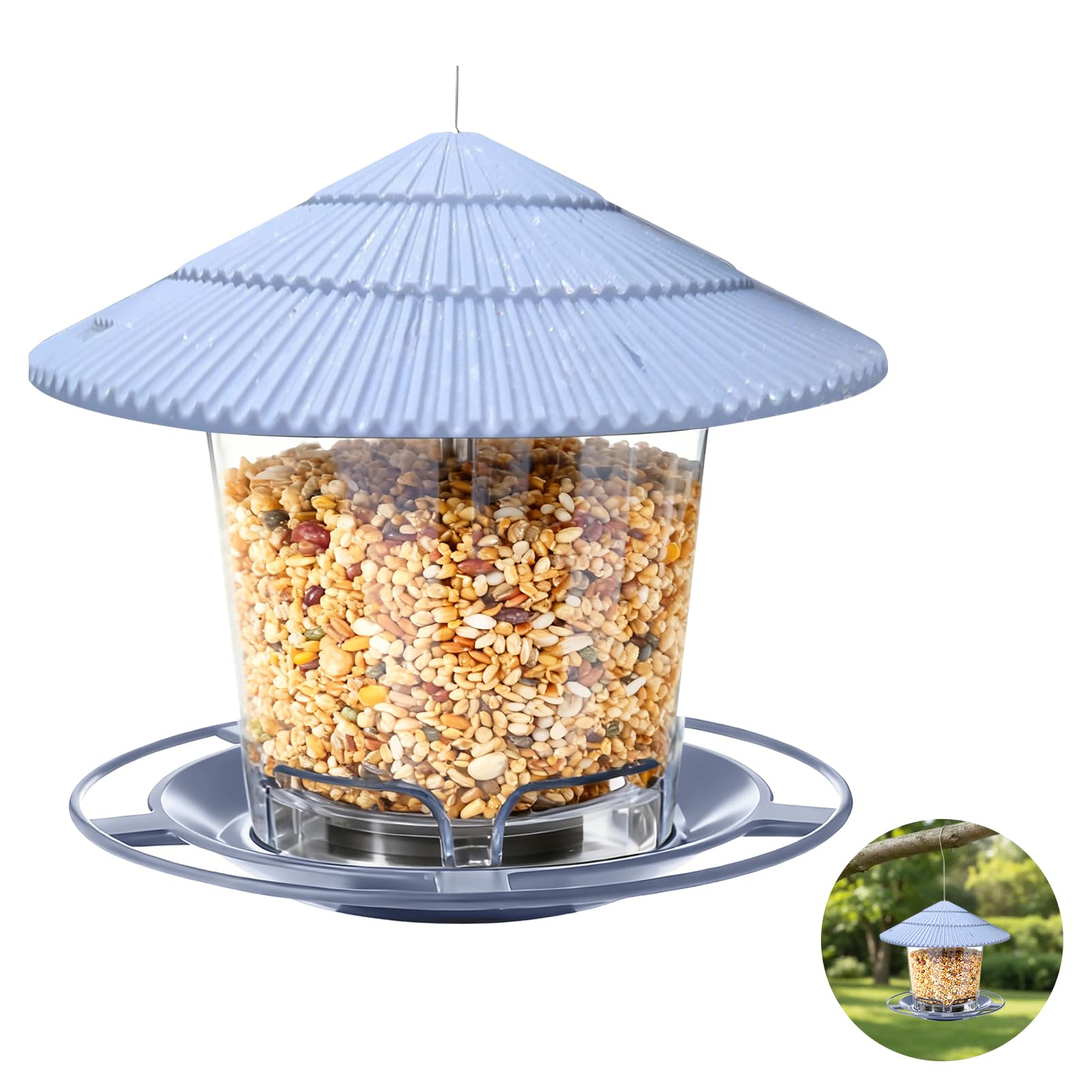 Comedero colgante para pájaros para exteriores, 7.1 x 6.5 pulgadas, comedero automático para pájaros, gran capacidad con múltiples puertos de alimentación, techo resistente a la intemperie, fácil de