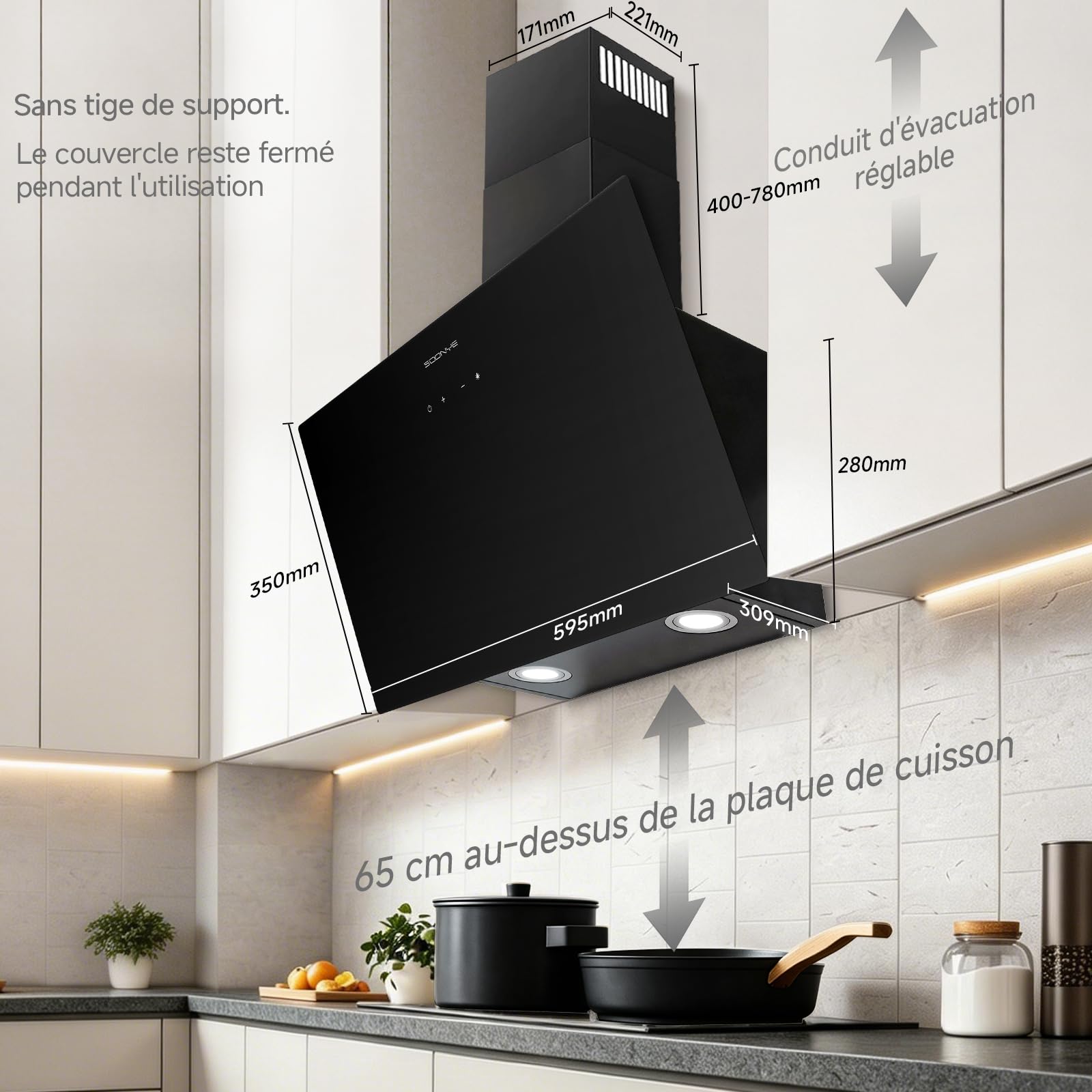 Hotte Aspirante Inclinée 60cm Classe A+++, Hotte de Cuisine 380m³/h, Écran Tactile LED,Filtres à Charbon Inclus,Hotte Murale Évacuation extérieure ou Recyclage,Noir