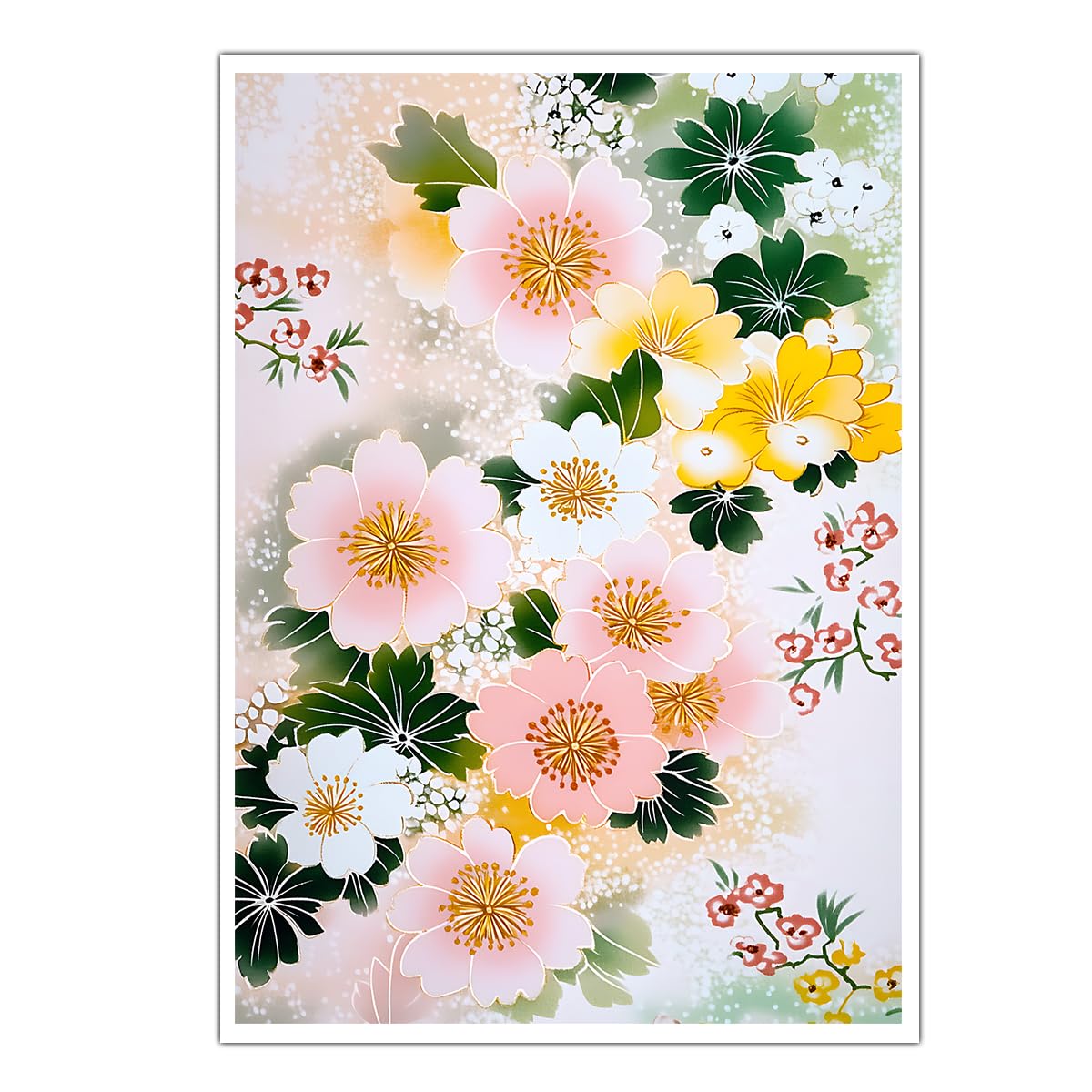 CHERHERART Japanese Style Floral Canvas Wall Art Soft Pink Yellow White Blossoms Poster Picture Green Leaves Oriental Botanical Canvas Print 55x85cm Frameless
