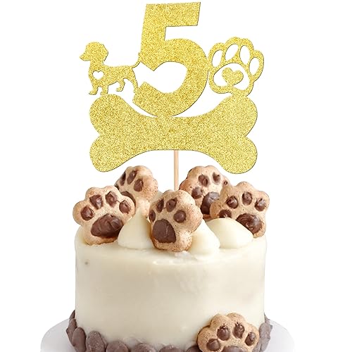 1 pieza de decoración para pastel de 5 cumpleaños con purpurina dorada y pata de perro de cinco años de edad, decoración para cachorro y perro,