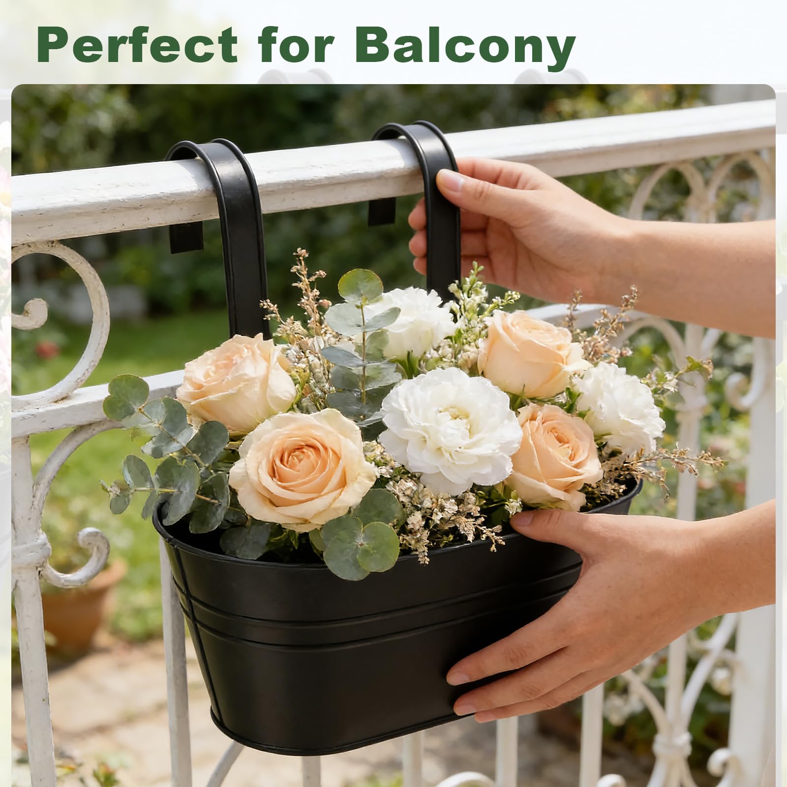 6PCS Pots de Fleurs Suspendus avec 3 Outils de Jardinage, Jardiniere Suspendue avec Trou de Drainage et Crochets Amovibles, Résistantes à la Rouille, Pots pour Balcon, Balustrade, Clôture