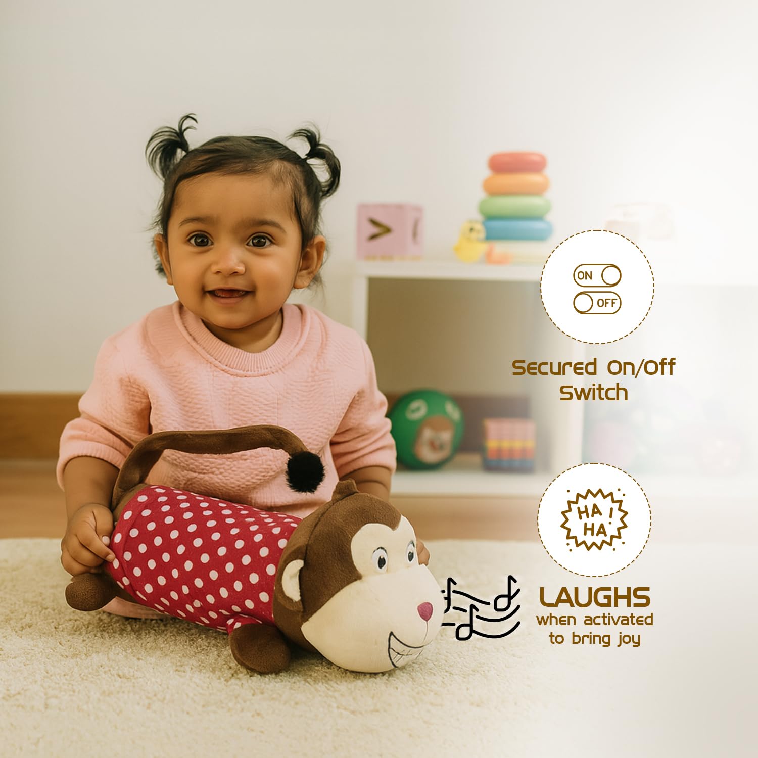 Amazon Brand - Jam & Honey ROFL Monkey | 28 cm Electronic Laughing Plush Toy | Soft & Huggable | BIS Certified | Non-Toxic | for Kids 3+ Years