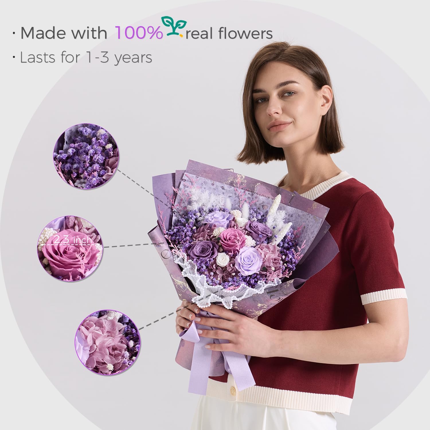 large Preserved flowers Bouquet with Real Roses,Long Lasting flower for delivery prime,Birthday for Women,Wedding,Mother’s Day,Valentine’s Day,Anniversary,Wife,Girlfriend,Christmas Gifts(Purple)
