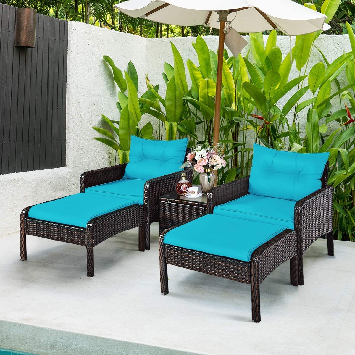 COSTWAY 5 Pieces Wicker Patio Furniture Set Outdoor Patio Sofa with Ottomans Conversation Furniture with Coffee Table for Poolside Garden Balcony.(Dark Brown and Sky Blue Color)-image-47