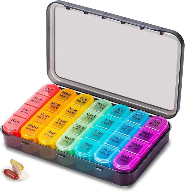 Pill Box 4 Times a Day, 7 Days Pill Organiser Box with 28 Compartments, Weekly Pill Case for Morning Noon Evening and Bed Time