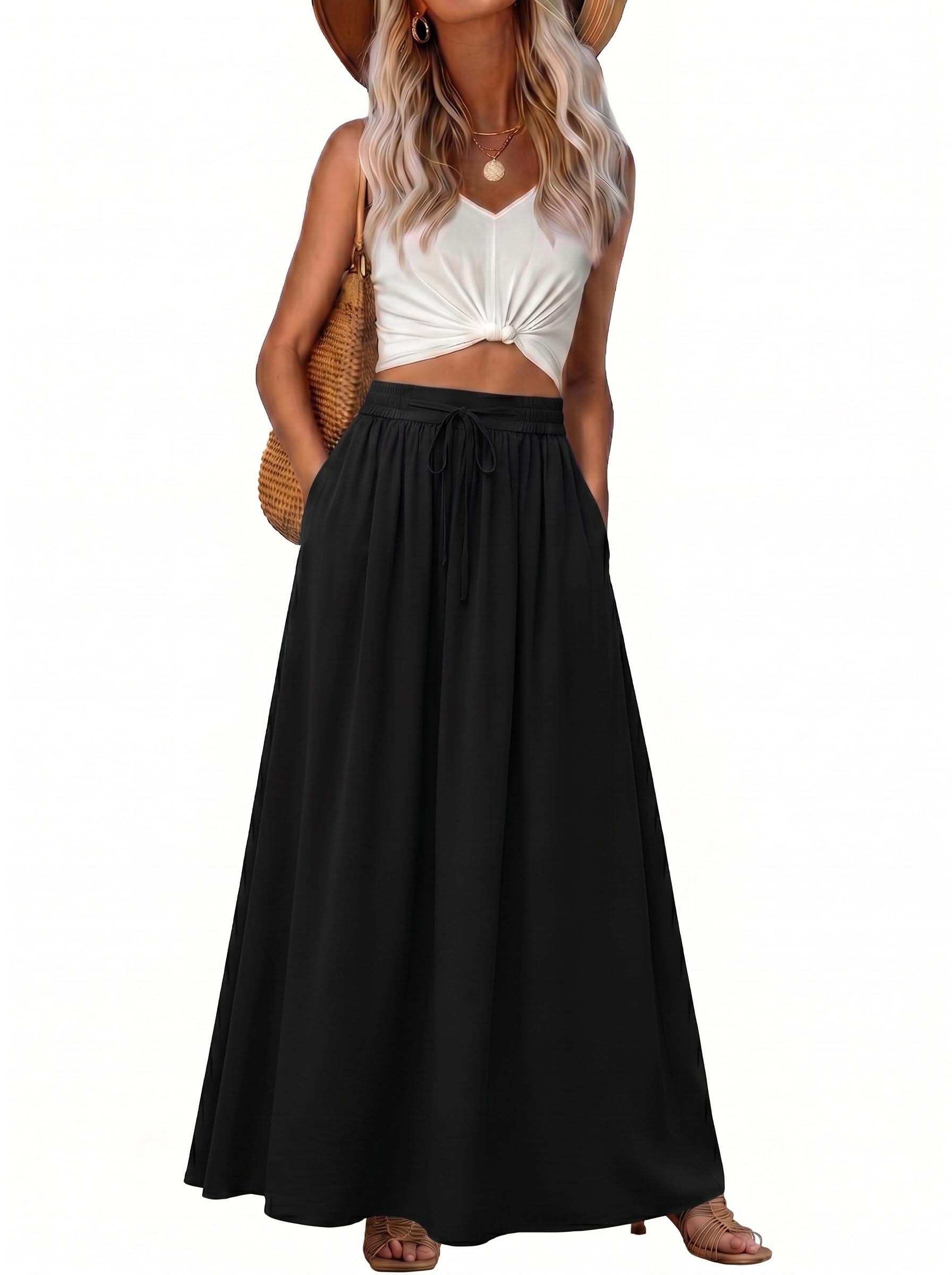 GRECERELLE Damen Rock Sommer Langer Boho Röcke A-Linie Sommerrock Elegant Maxirock Strandkleider Long Flowy Skirt mit Tasche Leicht und Luftig