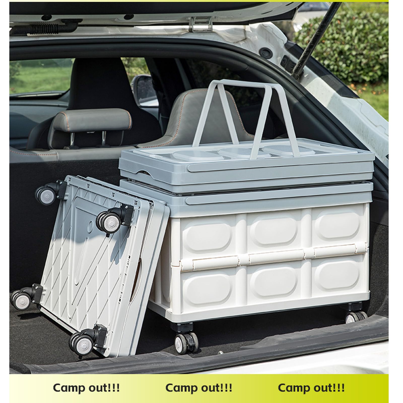 Caisse pliable en plastique avec roues - Organiseur de coffre durable avec couvercle - Grande capacité - Pour l'extérieur, le transport, le camping, les courses