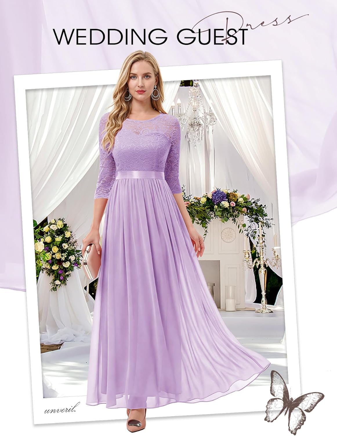 BeryLove Women Long Sleeve Formal Party Dress Lace Wedding Guest Maxi Dresses Elegant Cocktail Evening Gowns
