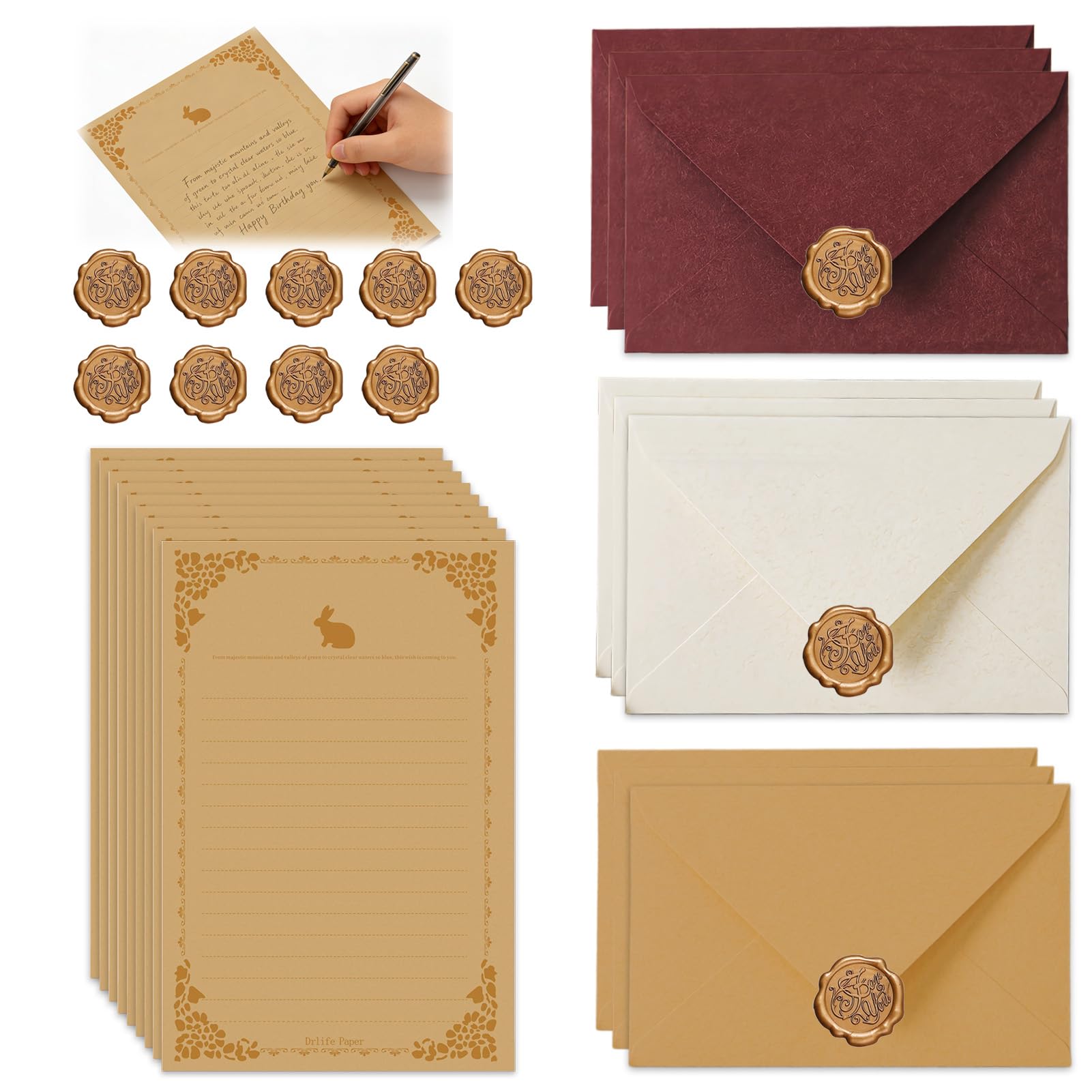 A5 Envelopes and Writing Paper Set, 48PCS Letter Writing Kit, Wedding Invitations with Envelopes, Love Letter Paper and Gold Envelopess for DIY, Scrapbooking, Parties, and Creative Correspondence