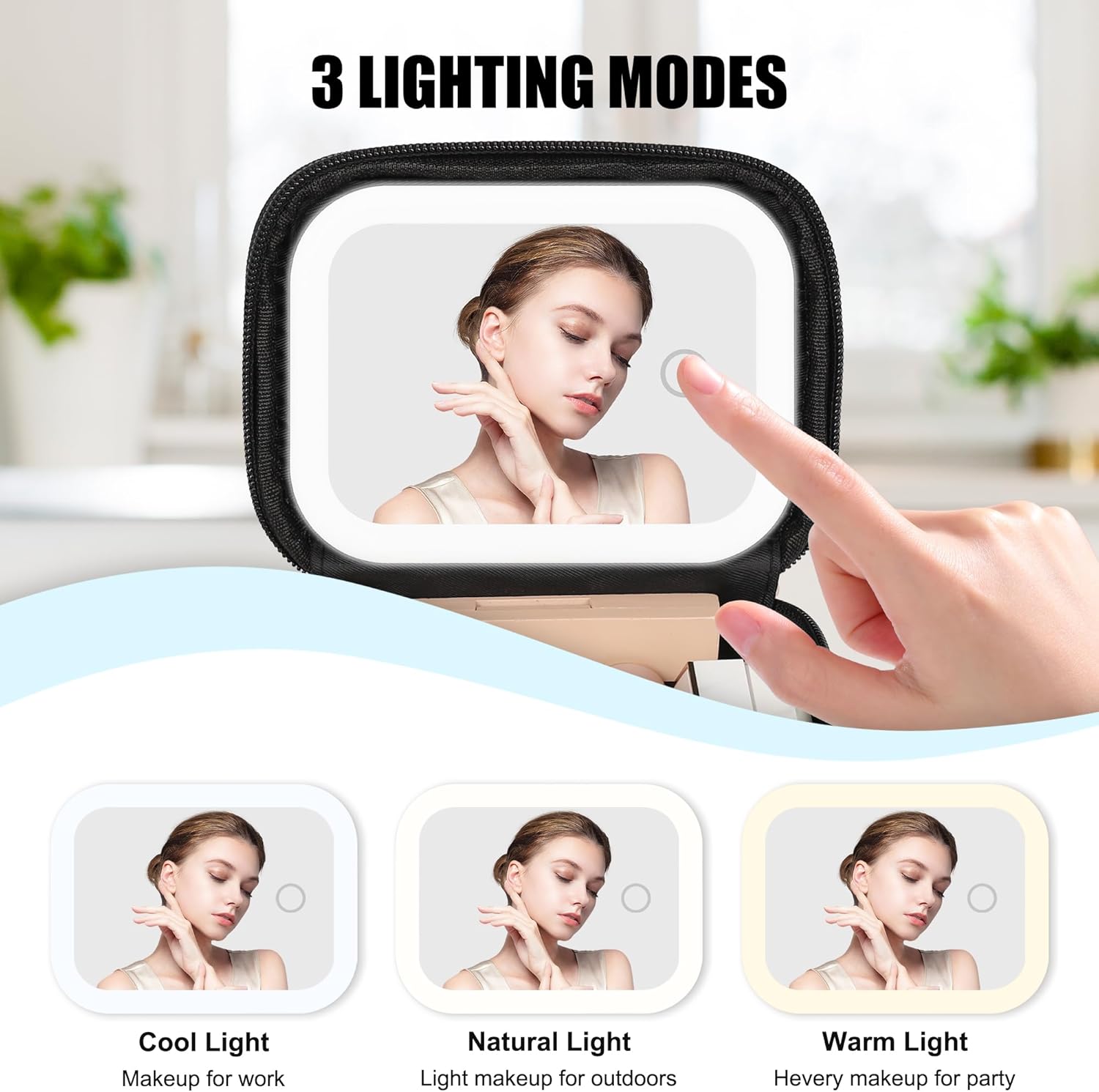 Relavel Mini Makeup Bag with Led Mirror, Small Cosmetic Bag with 3 Light Modes, Rechargeable Portable Makeup Pouch with Hands-Free Wrist Strap for Pool Parties丨Work Touch-Ups丨Travel - Black - Image 4