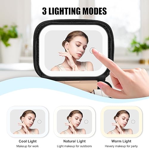 Miniatura 4 de Relavel Mini bolsa de maquillaje con espejo LED, pequeña bolsa de cosméticos con 3 modos de luz, bolsa de maquillaje portátil recargable con correa
