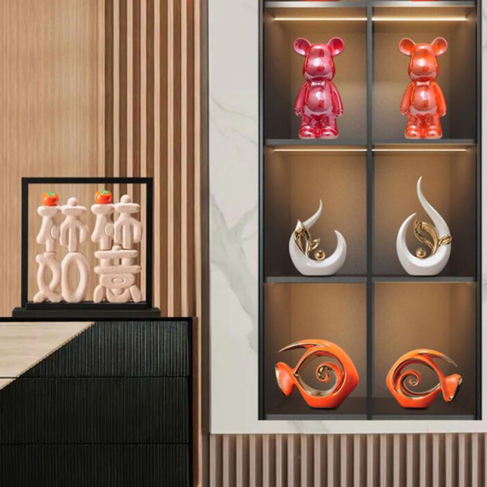 Escultura Decorativa Abstracta Moderna de cerámica Negra, Dorada y Naranja para Decorar la Mesa del salón.