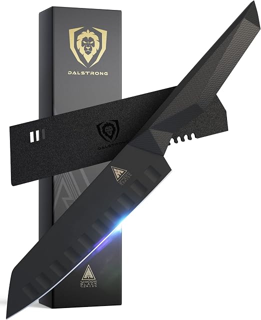 DALSTRONG Santoku Knife - 7" (18 cm) - Shadow Black Series - Black Titanium Nitride Coated - High Carbon - 7CR17MOV-X Vacuum Treated Steel- Sheath - NSF Certified