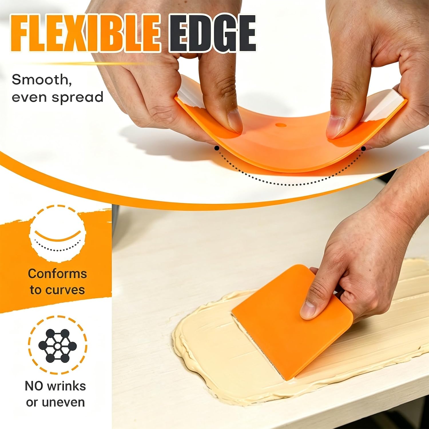 6PCS Flexible Plastic Body Filler Spreaders, Reusable Auto Body Repair Putty Scrapers, 4/5/6 Inch Curved Surface Applicator for Car Body Filler, Putty, Glaze, Caulk and Home Wall Repair(Orange）