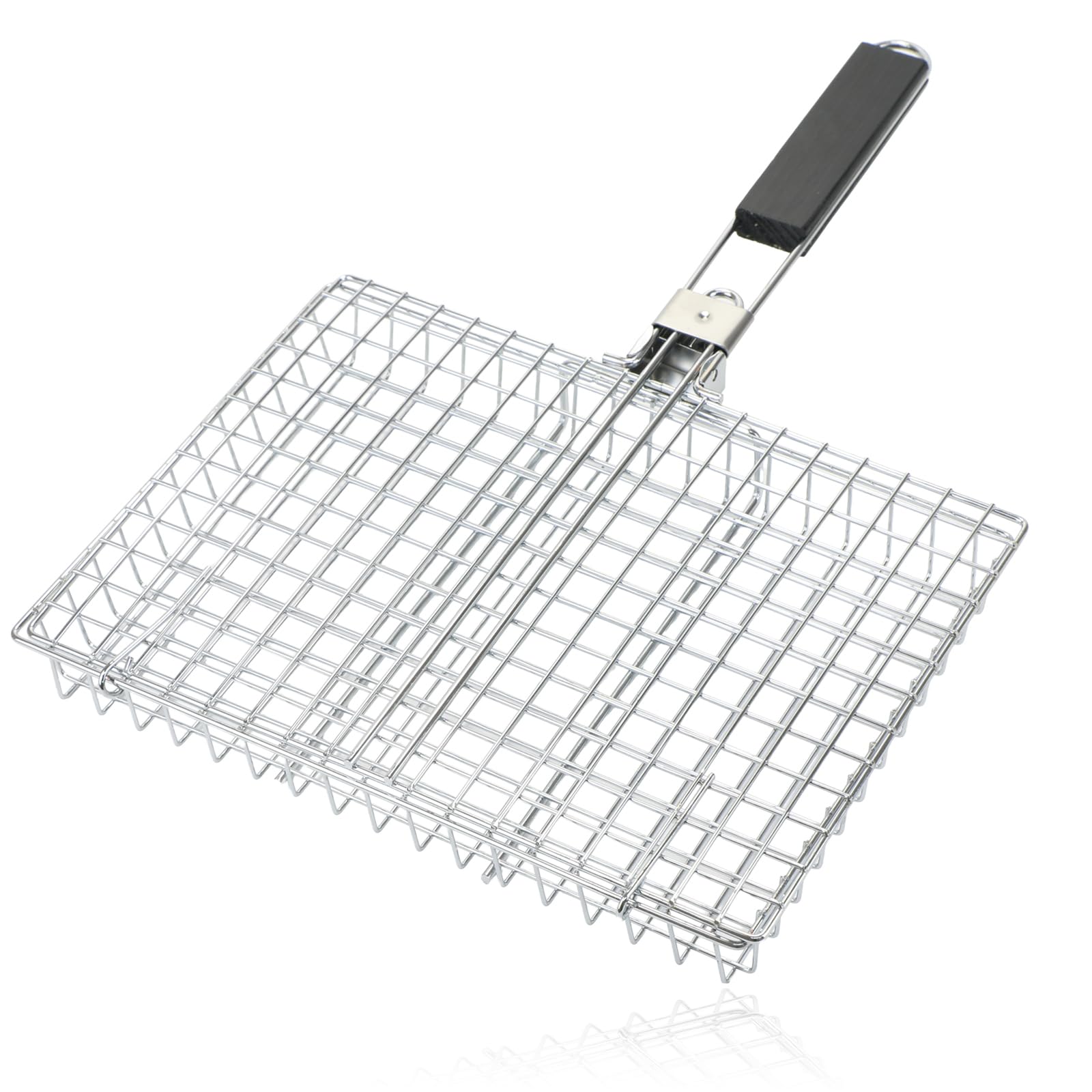 SPARES2GO Deep BBQ Grill Basket with Folding Wooden Handle Stainless Steel Lid for Chicken Fish Vegetables & Meat Outdoor Cooking Fire Pit 1.3" Capacity (33mm)
