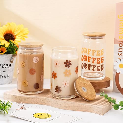 Miniatura 3 de Whaline Paquete de 6 vasos bohemios de 16 onzas con diseño de arco iris, sol, corazón, flores, taza retro Groovy Ice Coffee Cup con tapa de bambú,