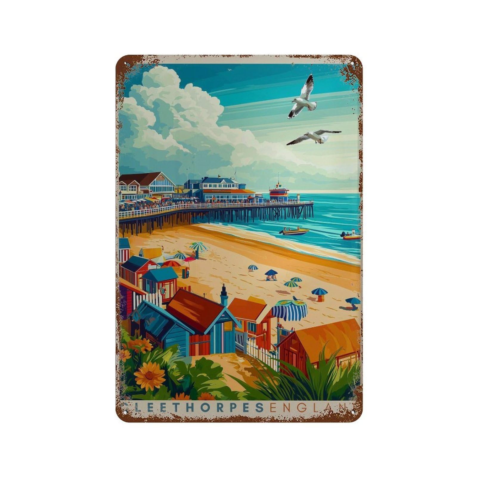 xiaoxiaoshen Cleethorpes England Travel Illustrated Beach Wall Decor Art Metal Tin Poster Modern Home Decor Art Home Bar Shop Decorations Vintage Sign 30x20cm