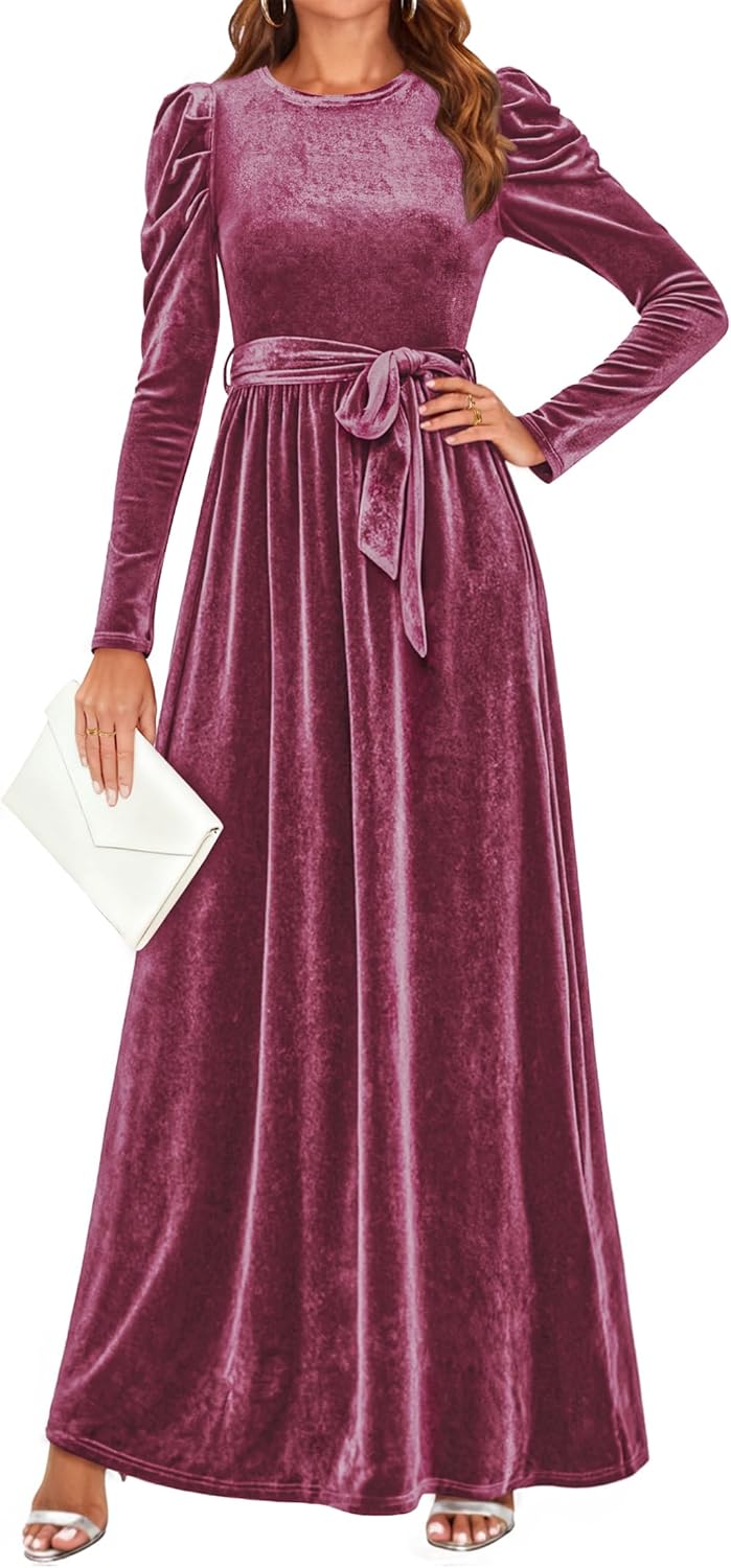 ZESICA Women's Velvet Maxi Dress Fall 2026 Long Puff Sleeve Crew Neck Elastic High Waist Cocktail Party Bridesmaid Dresses