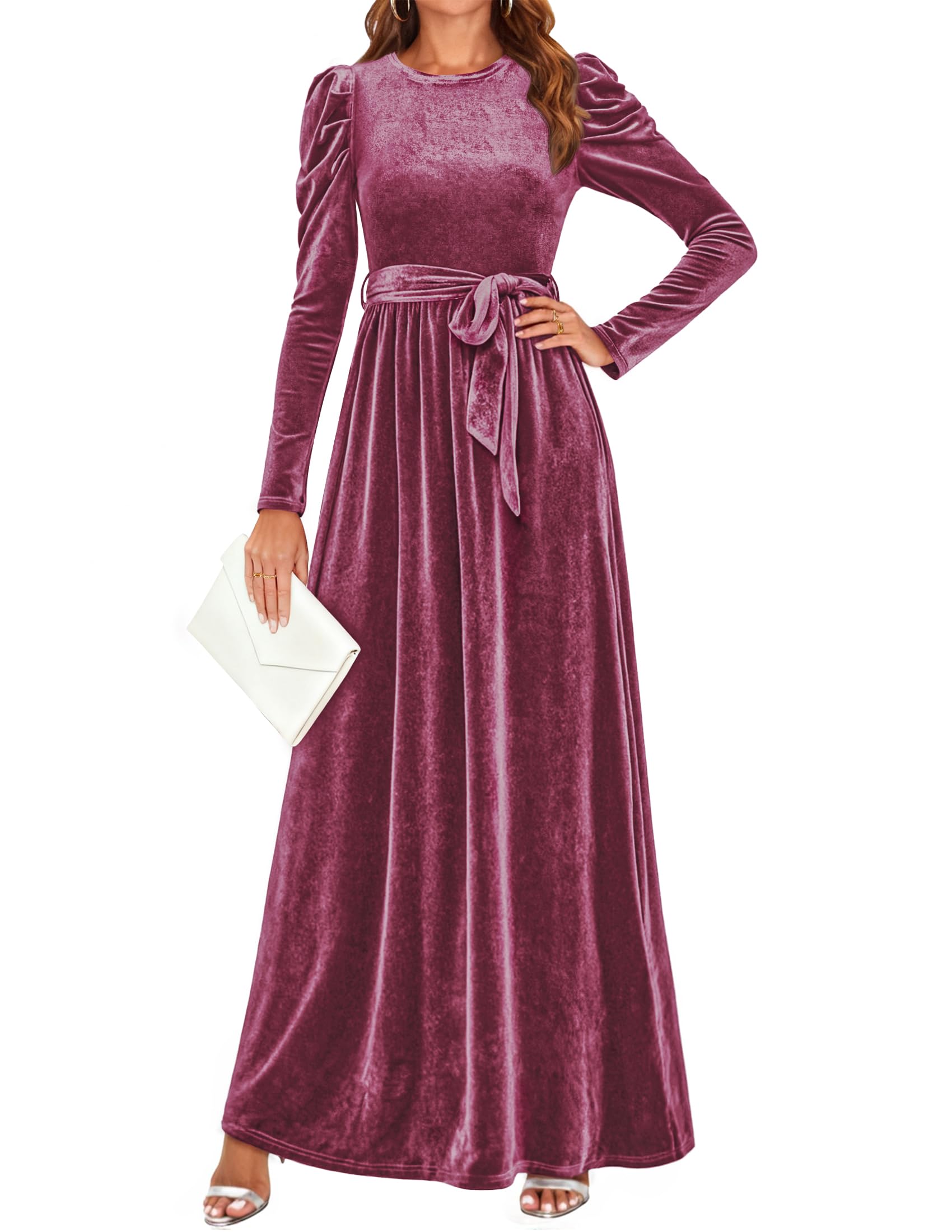 ZESICA Women's Velvet Maxi Dress, Long Puff Sleeve, Crew Neck, Elastic High Waist, Mauve, S