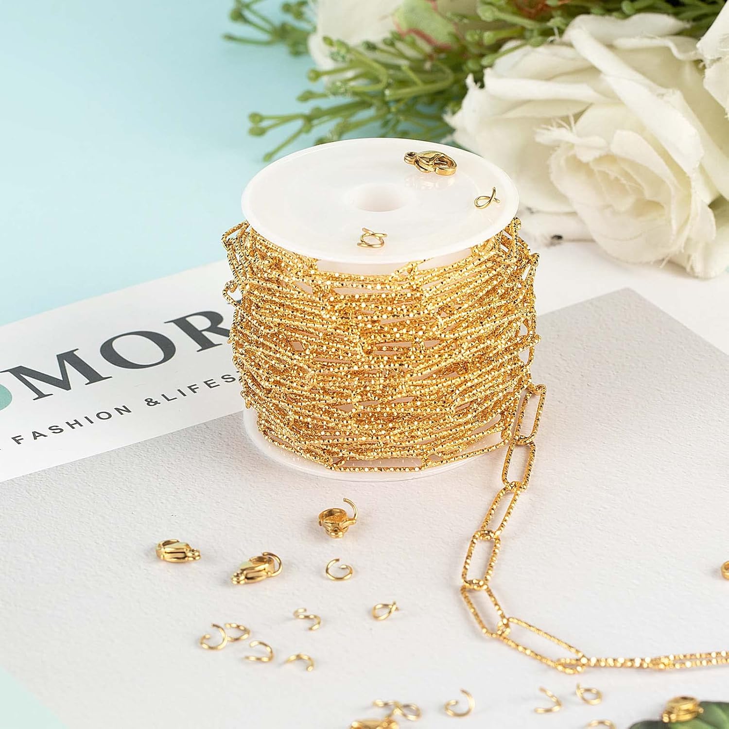 YOUBEIYEE 16.4 Feet Stainless Steel Chain for Jewelry Making, Gold Plated Embossed Paperclip Necklace Chains Bulk with Jump Rings and Lobster Clasps - Image 4