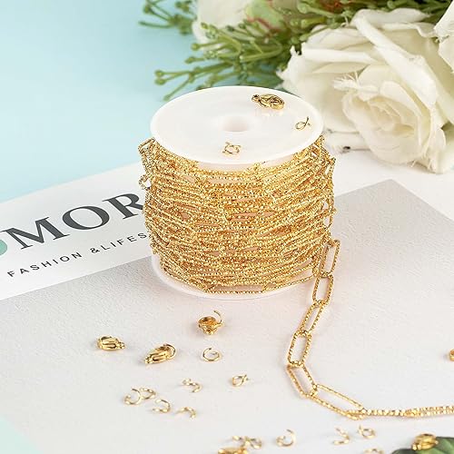Miniatura 4 de YOUBEIYEE Cadena de acero inoxidable de 16.4 pies para hacer joyas, cadenas chapadas en oro con clip en relieve, a granel con anillos de salto y