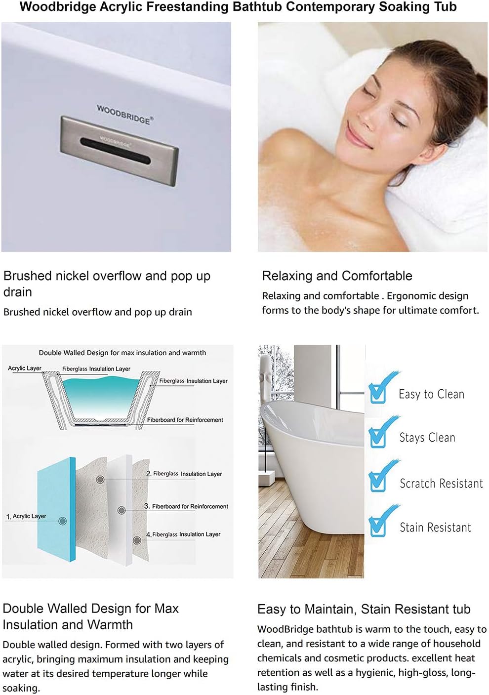 WOODBRIDGE 67" Acrylic Freestanding Bathtub Contemporary Soaking Tub with Brushed Nickel Overflow and Drain, B-0002 / BTA1504