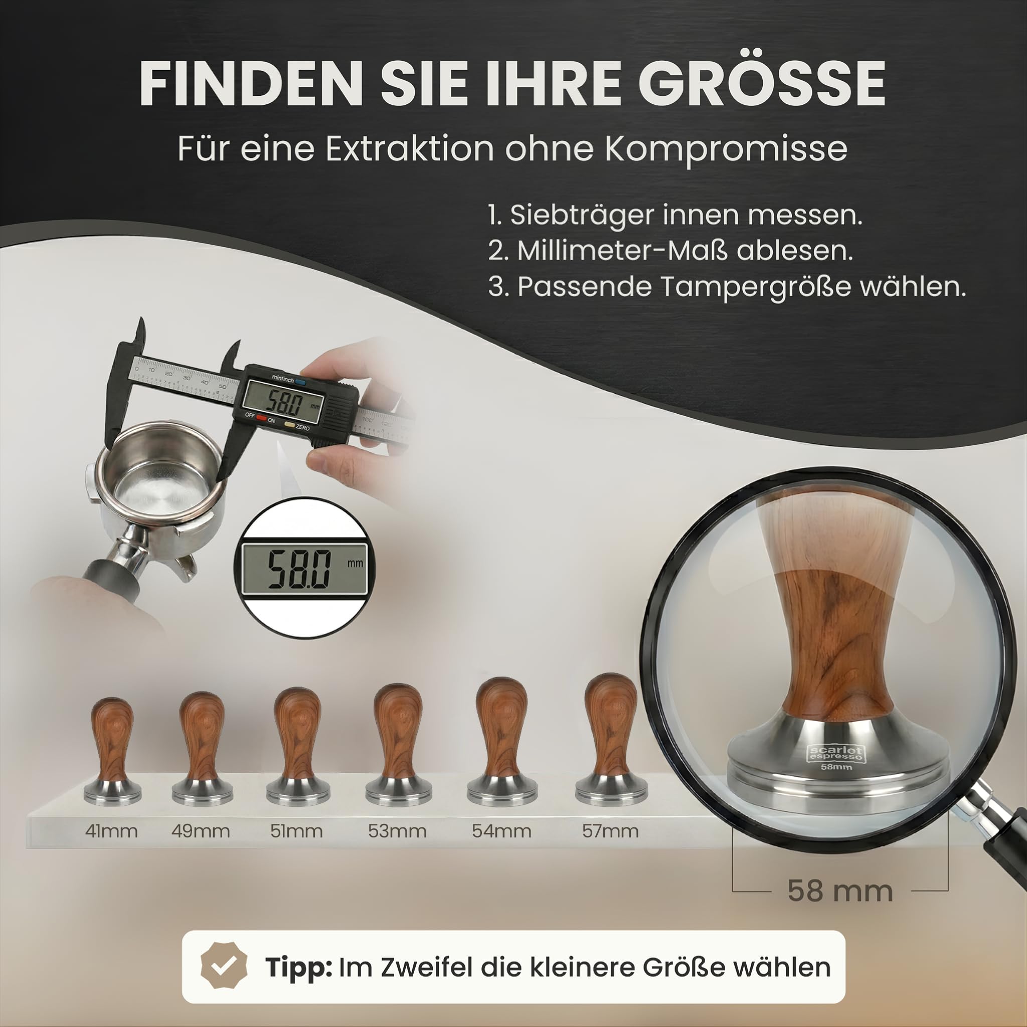 'Scarlet Espresso Classic – Prensador con marrón/negro inoxidable mango de madera para cafeteras, Set Ebenholz - Schwarz + Tamper Ablage, 41 mm