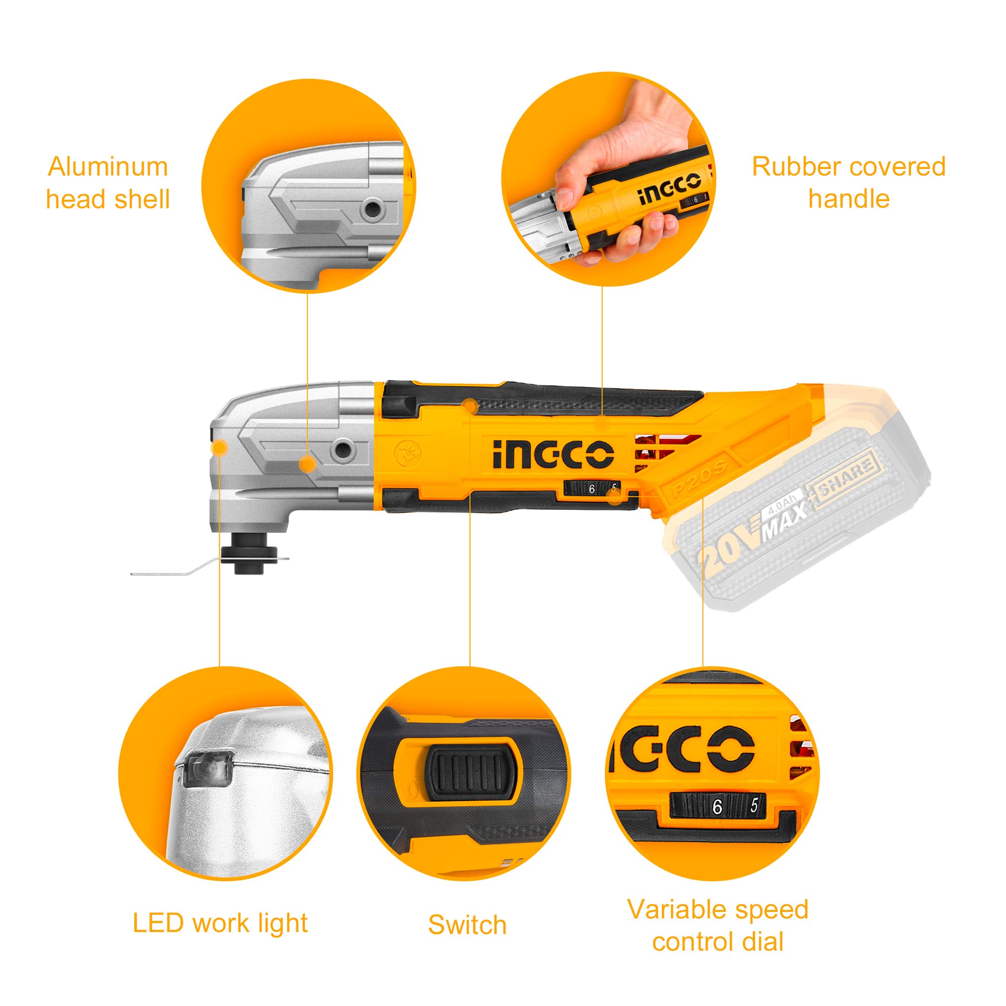 INGCO 20V Kit Inalámbrico 45NM Taladro Atornillador y Multiherramienta con 2x 2.0Ah Bateria CDLI2002+CMLI2001