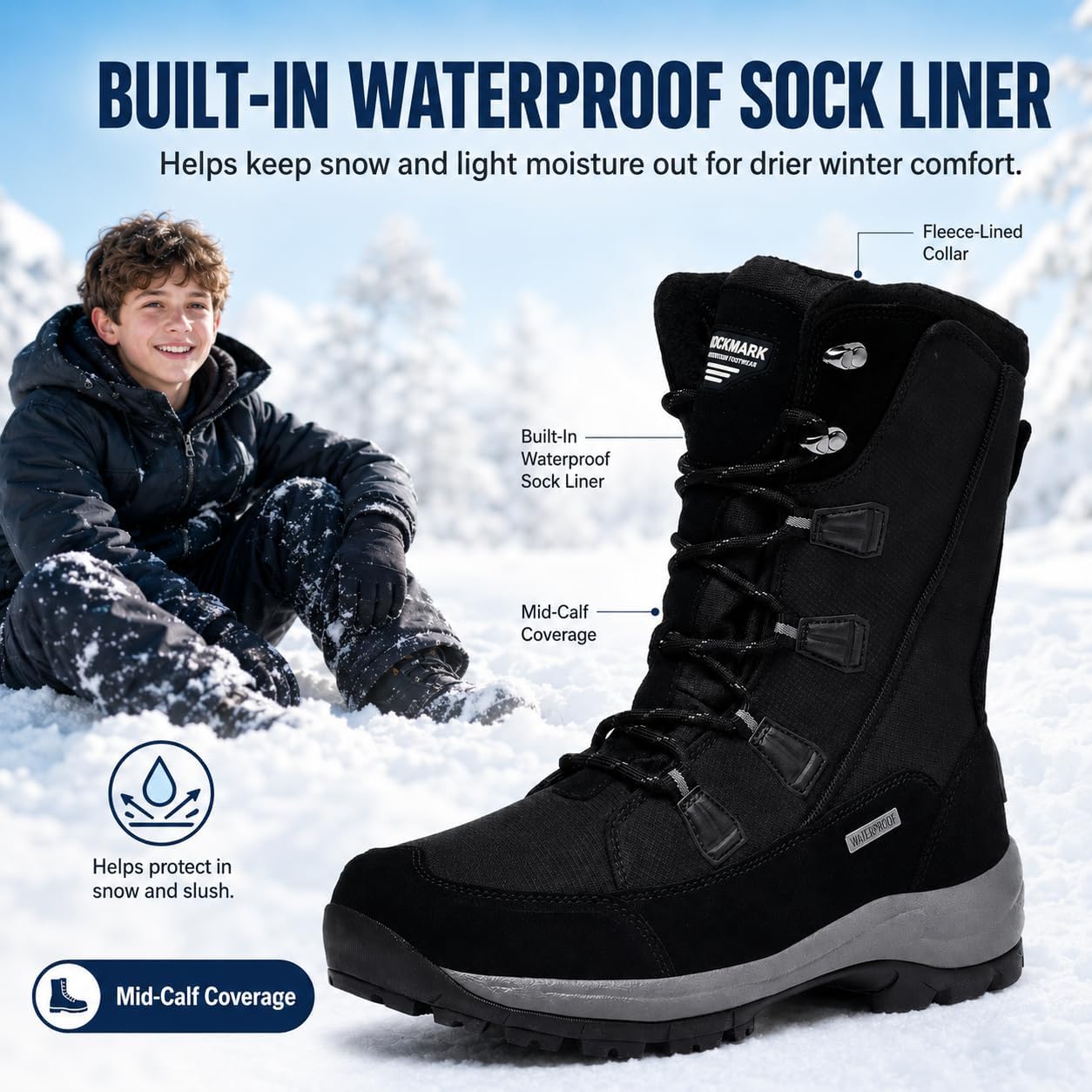 ROCKMARK Kids Snow Boots Waterproof Winter Boots for Boys Girls, Insulated Warm Fur-Lined Outdoor Snow Shoes with Non-Slip Sole for Toddler Little Kid Big Kid
