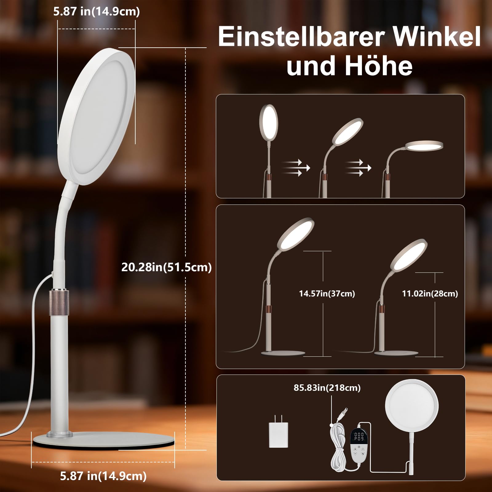 Tageslichtlampe, 10000 Lux, 3 Farbtemperaturen, 9 Helligkeitsstufen und Timer, Ideal für Lesen/Büro/Schlafzimmer (weiß)
