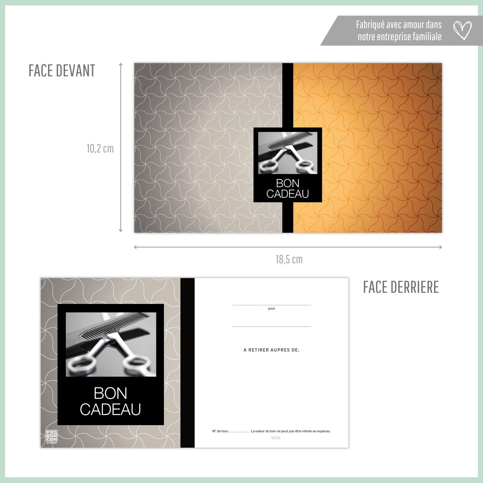 POS BON - 100 bons cadeaux à remplir avec enveloppe/nœud ruban - formulaires imprimés pour des salons de coiffure K1270F-2-100-V1