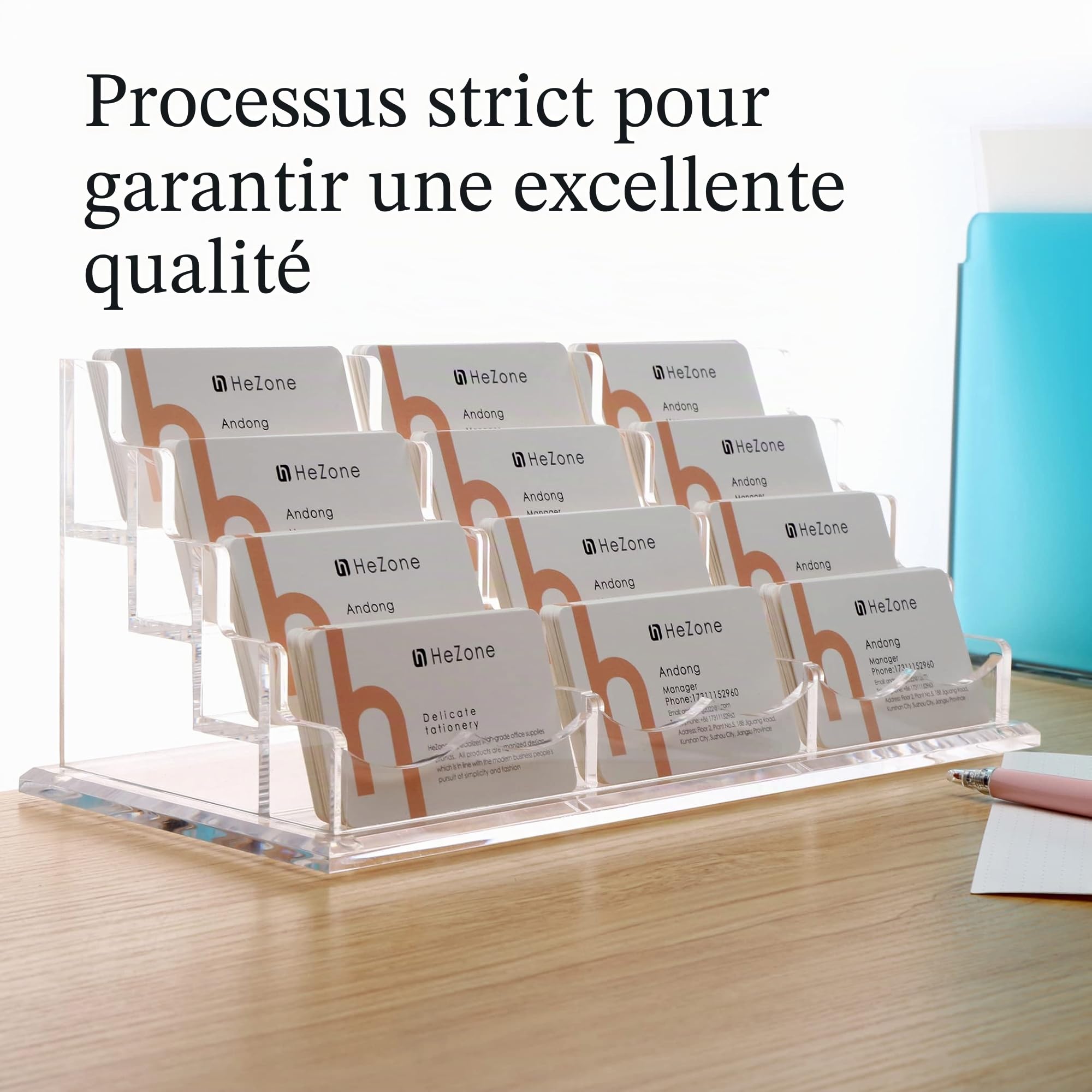 HeZone Porte-cartes de visite pour bureau, 12 emplacements sur 4 niveaux, en acrylique transparent, peut contenir environ 600 cartes