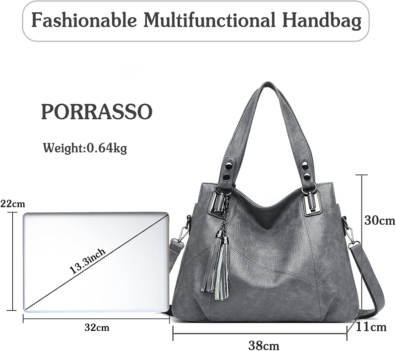 PORRASSO Women Handbags Fashion Hobo Shoulder Bag Ladies Crossbody Bag Large Tote Purse - Image 3