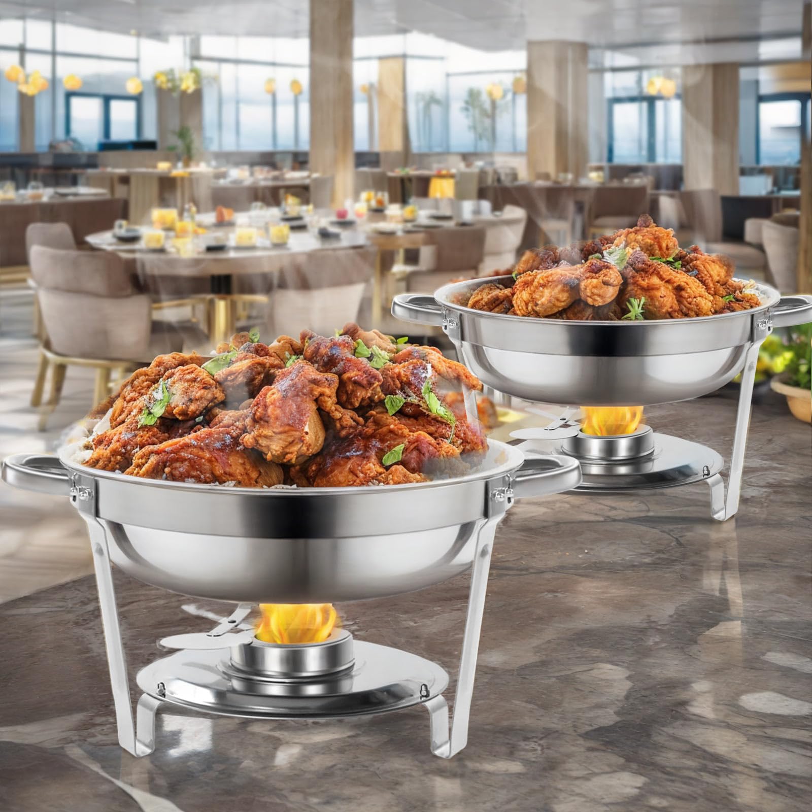 Scaldavivande in Argento for Buffet con Coperchio in Vetro Cucina a buffet | Set scaldavivande rotondo, bordo laminato in acciaio inossidabile for eventi di catering