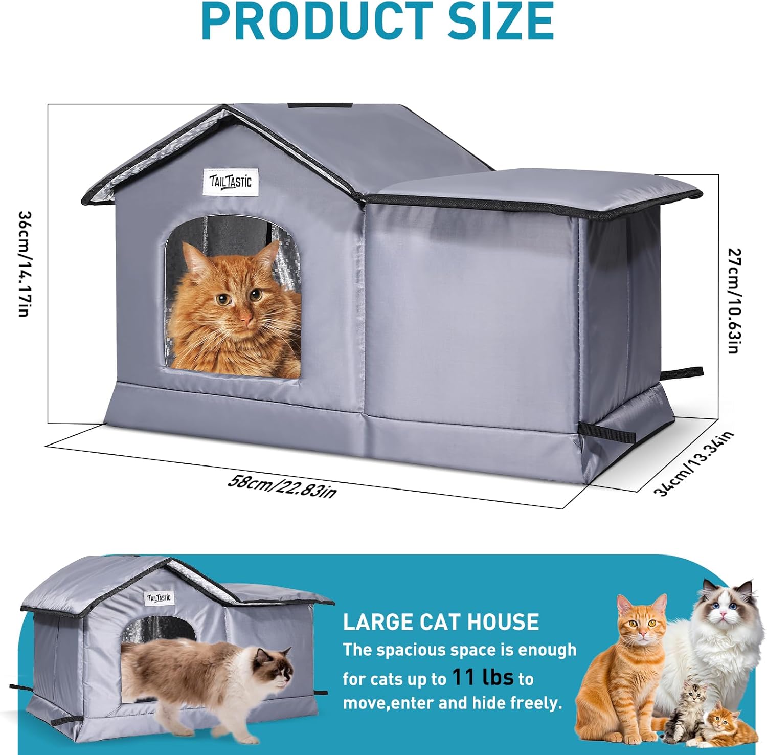 Outdoor Cat House Weatherproof & Insulated for Winter - Upgraded Seamless Bottom Feral Cat Shelter, Waterproof Cat Houses for Outdoor Cats, Easy to Assemble Outside Cat House with Mat(Grey, L)
