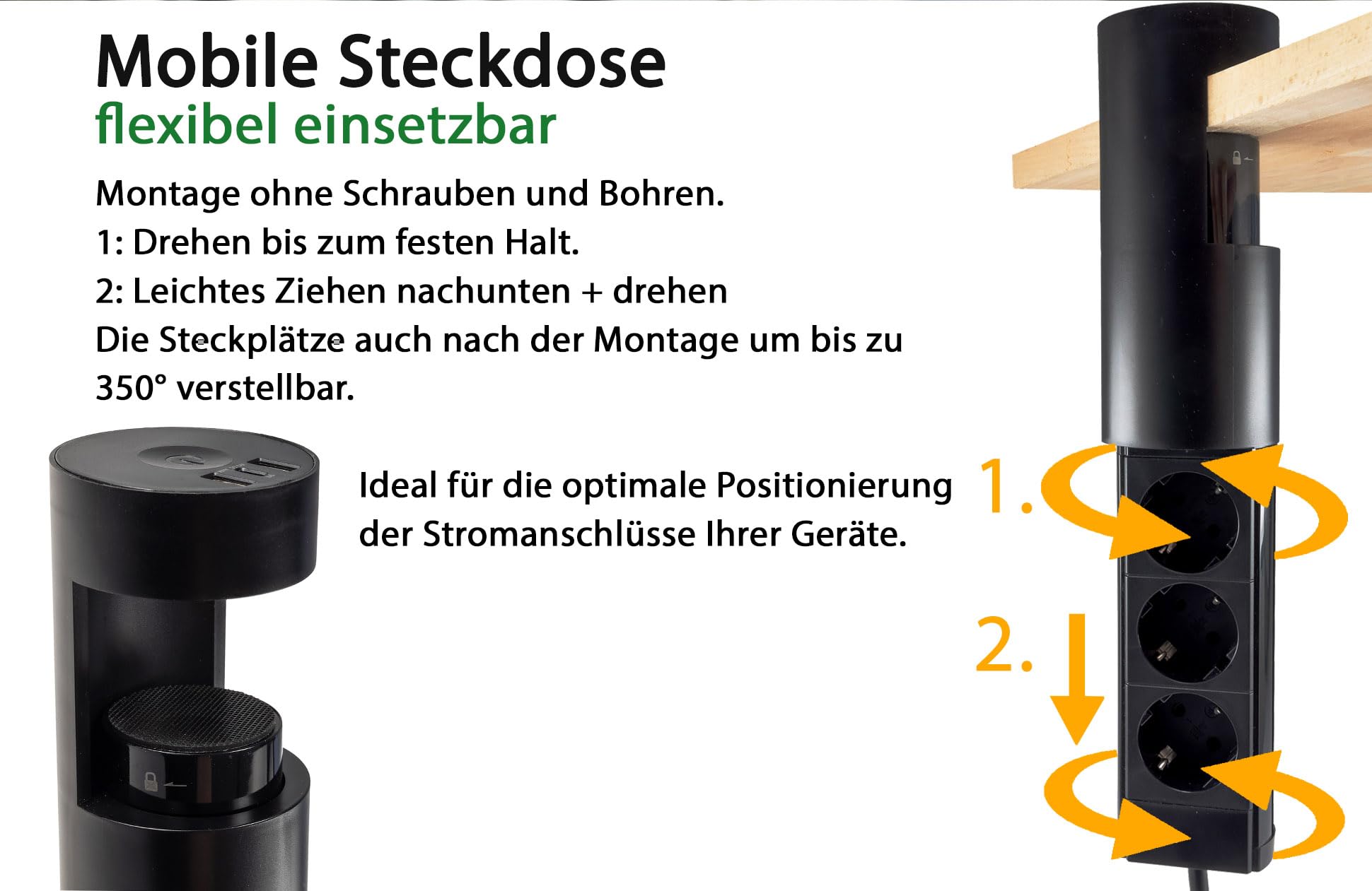 Regleta de enchufes de escritorio de 3 vías con cable de 3 m, interruptor multitoma, USB-A, USB-C, 20 W de potencia, abrazadera de montaje para mesa, banco de trabajo, escritorio, color negro