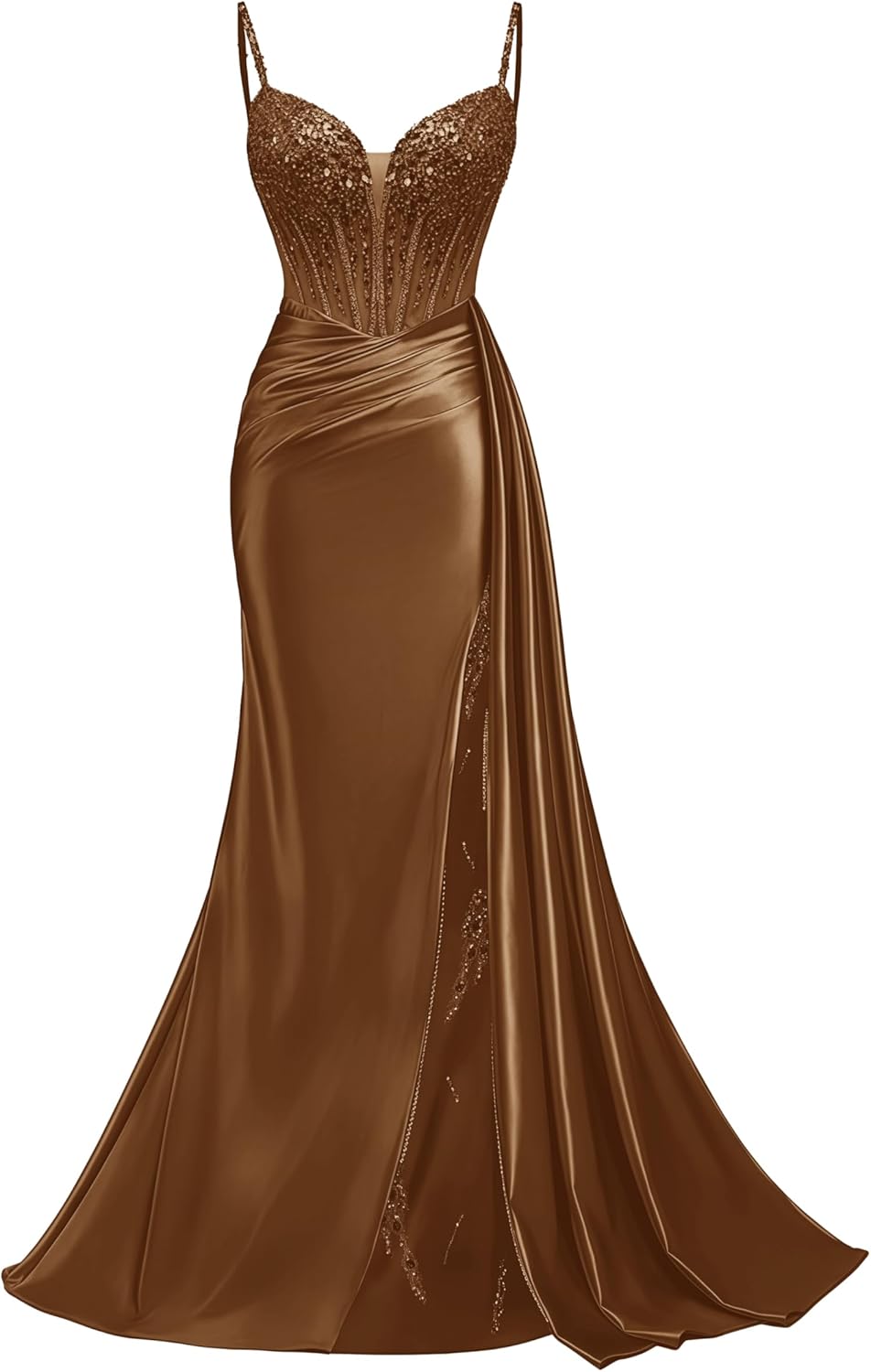 Spaghetti Straps Satin Prom Dresses Lace Beaded Formal Dress Long Pleated Mermaid Evening Dress with Slit