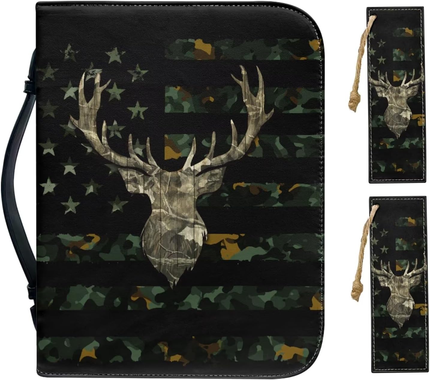 Camo Leaf American Flag Antler Print PU Leather Bible Cover Zippered Church Bible Bag with 2 Pcs Bookmarks Book Carrying Case Bible Holder for Prayer Study Book Carrier, M