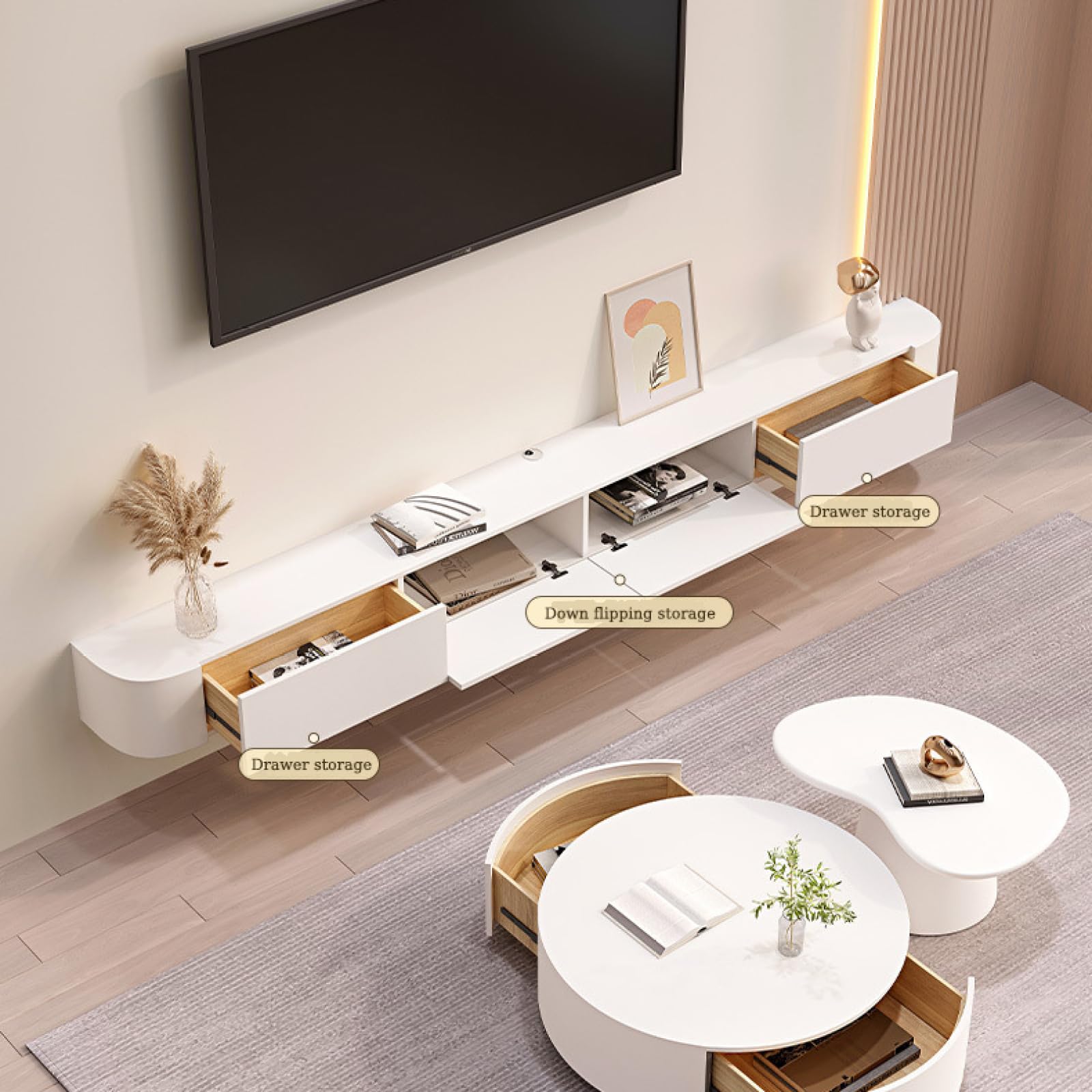 Mobile TV Sospeso A Parete - Console Multimediale Con Mensole - Stile Vintage Marrone - Foto 9