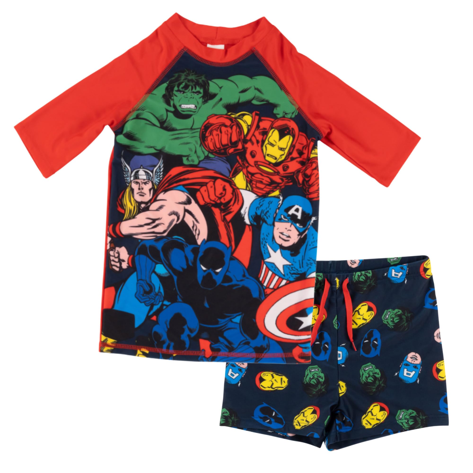 United Labels Marvel Avengers Maillot de bain 2 pièces pour garçon, protection UV 30, bleu et rouge, maillot de bain pour enfant avec t-shirt et maillot de bain