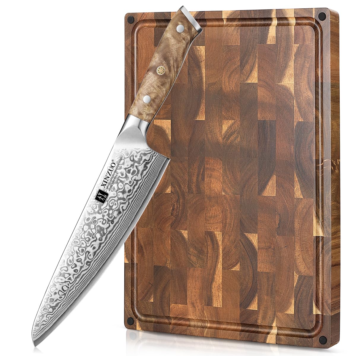 Couteau de chef en acier Damas et planche en acacia massif, le coffret idéal pour cuisiner