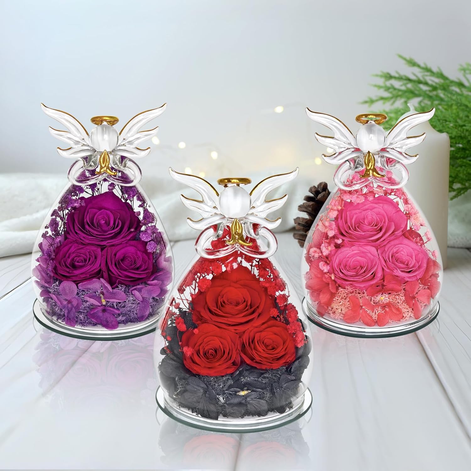 Gifts for Women Preserved Rose Forever Flower in Glass Angel Figurines Fresh Flowers for Delivery Prime Mothers Day Birthday Gifts for Mom Real Roses for Grandma Sister Wife (Red Rose) - Image 5
