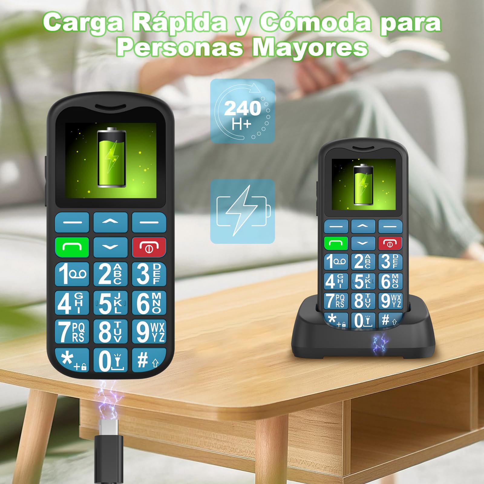 4G Teléfono Móvil para Personas Mayores con Teclas Grandes | Botón SOS | USB-C | Volumen Alto | Base Cargadora | Pantalla de 1,8 Pulgadas | Fácil de Usar Celular para Ancianos | Nano SIM Slot