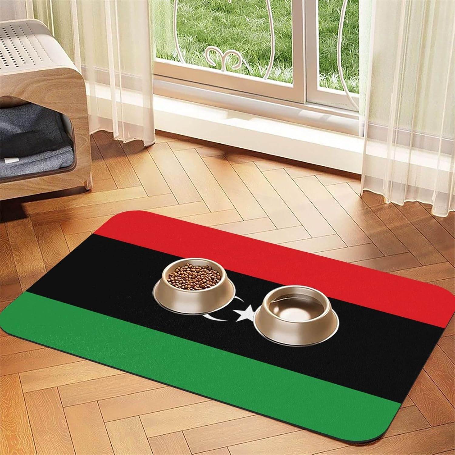 40x60cm Pet Absorbent Feeding Mat - Libyan Flag Print Leather Non-Slip Placemat, for Dog Cat Food and Water Bowl Pads