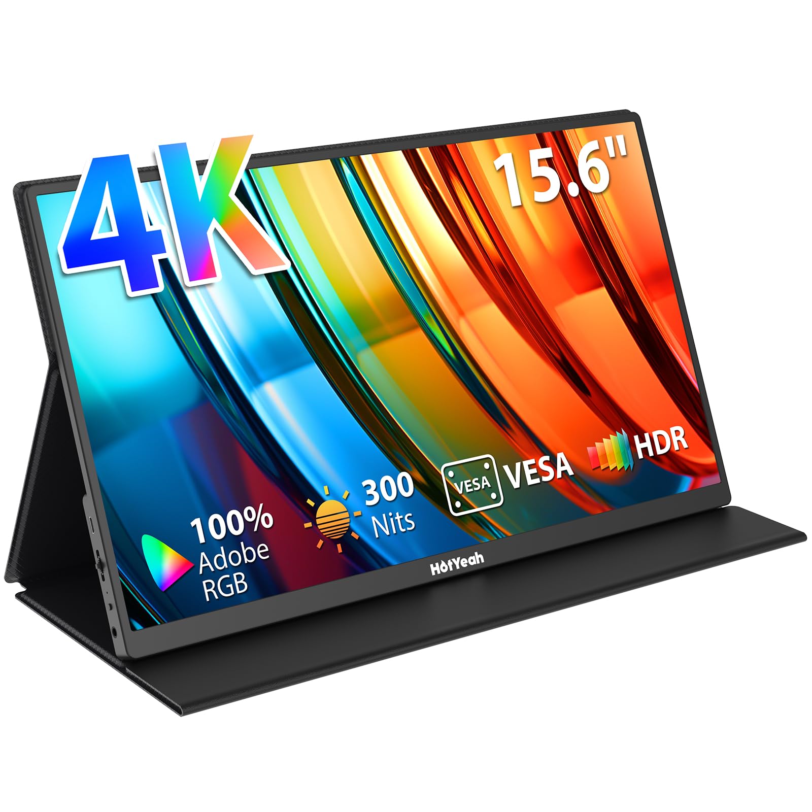 HotYeah Portable Monitor 4K, 15.6'' 3840x2160 UHD USB-C HDMI Laptop Monitor, 100% Adobe RGB HDR FreeSync External Computer Display, Travel 2nd Screen with Speakers & Smart Cover & VESA