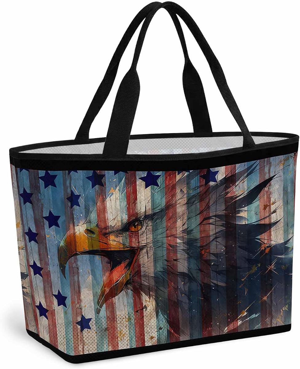 Eagle Mesh Beach Bag,American Flag Blue Star Red Blue Striped Vintage Wooden Foldable Lightweight Swim Cruise Pool Travel Bag