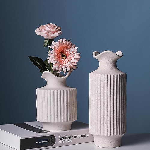 LIZOFER Modern Ceramic Vase Set of 2 for Living Room Bedroom 9.96'' and 6.57'' Antique White Flower Vases for Home Decor Office Centerpieces Vintage Rustic Farmhouse Nordic Style Gift for Fake Plant