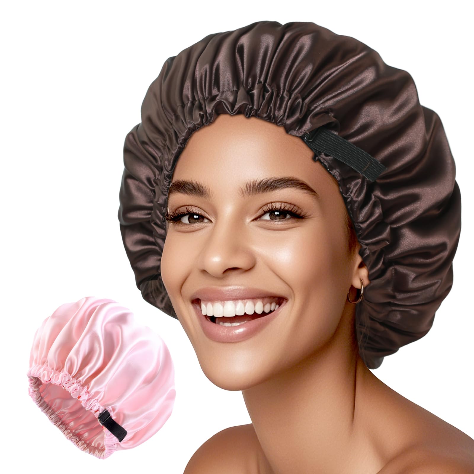 Netcken 2Pack Satin Bonnet,Silk Bonnet for sleeping Women,Double Layer Hair Bonnet With Elastic Band for Curly Hair,Adjustable Night cap for Women and Girls. (Pink & Brown)